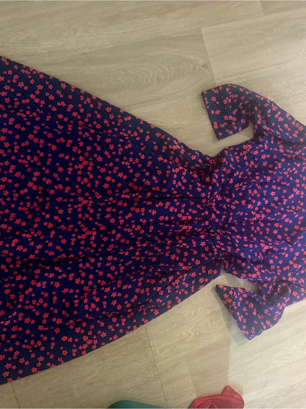 Girls Navy Dress with Red Floral Print
